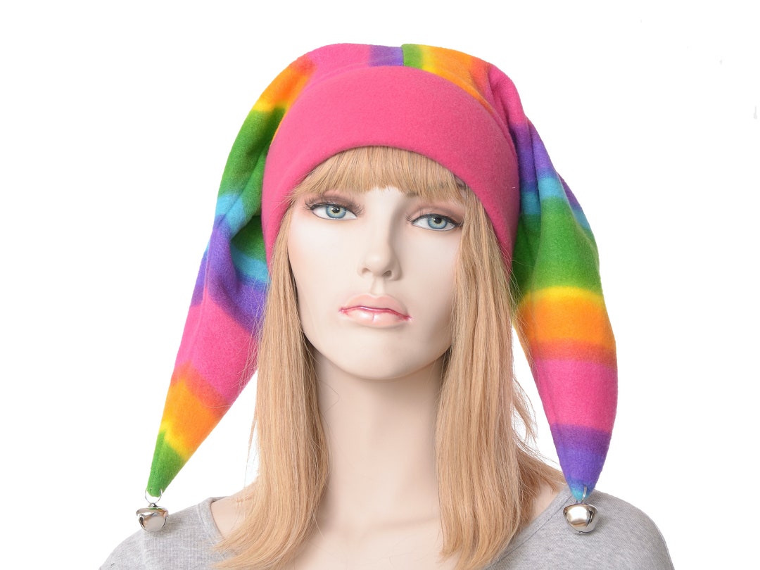 Jester Hat Neon Rainbow Striped Two Point Harlequin Cap Bells Etsy