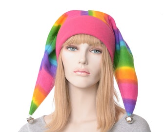 Jester Hat Neon Rainbow Striped Two Point Harlequin Cap Bells Fuchsia Headband Fleece Mardi Gras Carnival Cosplay