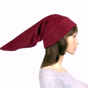Elf Hat Burgundy Stocking Cap Fleece Maroon Pointy Hat Pointed Beanie Cosplay Adult Men Women Pixie Sprite Faery