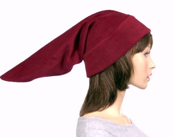 Elf Hat Burgundy Stocking Cap Made of Fleece Maroon Pointy Hat Pointed Beanie Cosplay Adult Men Women Pixie Sprite Faery Gift for Him Her