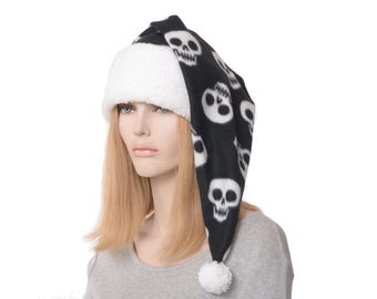 Goth Stocking Cap Skulls on Black with White Sherpa Headband Adult Men Women Gothic Dark Santa Hat Fleece Pompom Shoulder Length