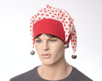 Jester Hat Red White Polka Dot Silver Jingle Bells Jersey Harlequin Cap Fool Three Cosplay Adult Man Woman