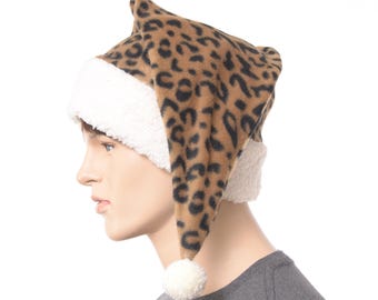 Santa Hat Leopard  Brown Fleece with Sherpa Cuff – Cozy Leopard Santa Stocking Cap for Adults