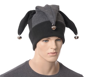 Jester Hat Black Gray Pompoms Gothic Style with Silver Bells Fleece Harlequin Cap Fool Three Tailed Beanie Cosplay Adult Men Women Ren Fair