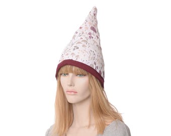 Gnome Hat Quilted Cotton Mushrooms Off-white Background Tall Pointed Cap Cottage Core Costume Halfling Cap Adult Men Women Renaissance Fair