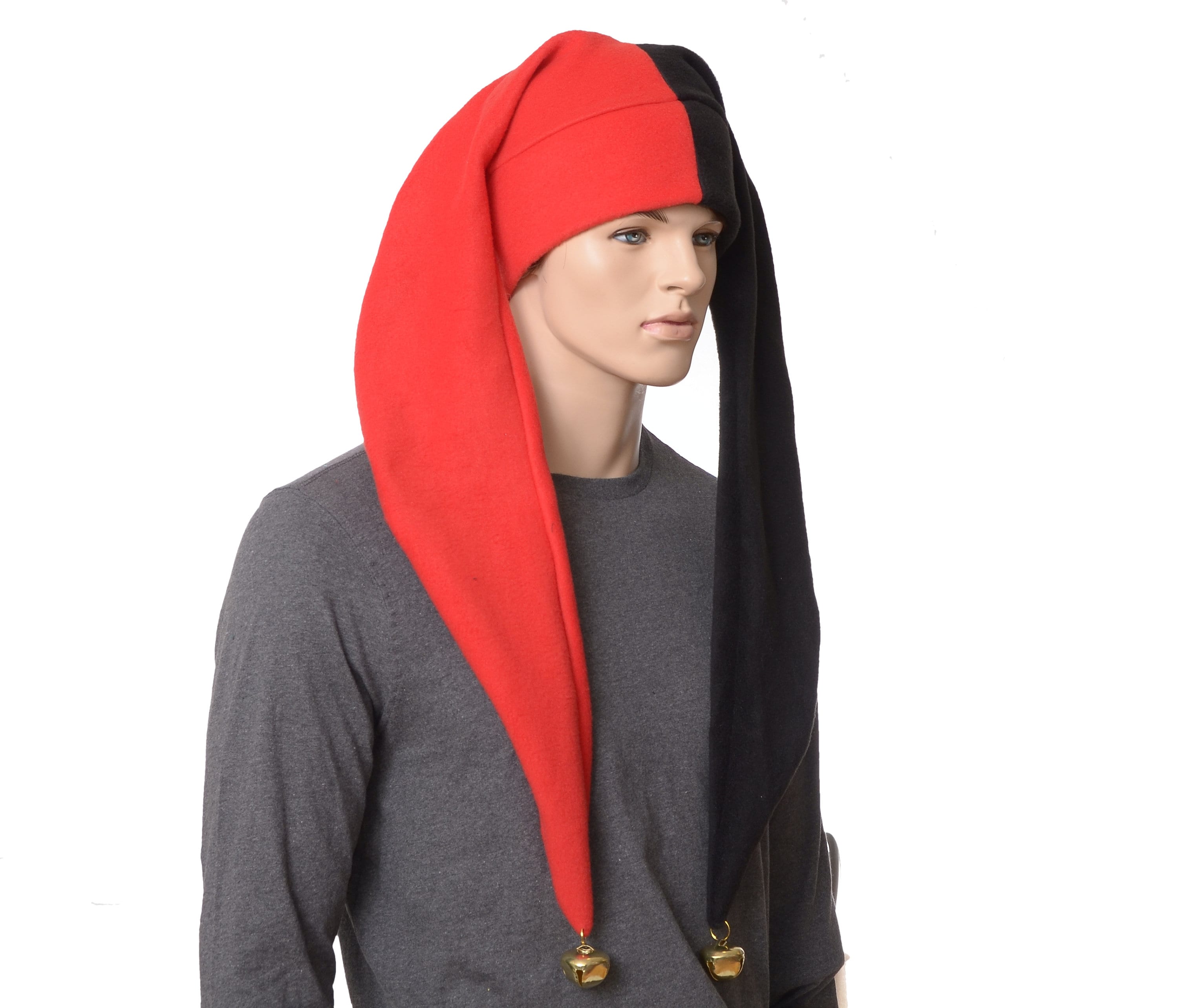 Jester Hat Extra Long Red Black with Bells Harlequin Cap Fleece Fools ...