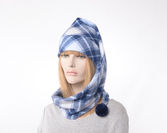Stocking Cap Hat – Blue Plaid Fleece Hooded Scarf with Pompom, Cozy Winter Cowl, Warm Hood Hats, One of a Kind