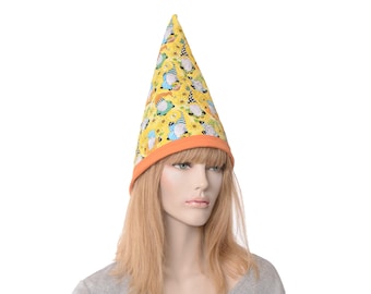 Gnome Hat Quilted Cotton Yellow with Gnome Figures Tall Pointed Cap Halloween Costume Wizard Witch Adult Men Women Fantasy Renaissance Fair