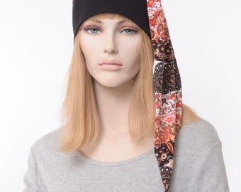 Nightcap Hat, Black Cuff Long Sleep Cap, Orange Black Boho  Gypsy Patchwork Night Cap With Tassel, Adult Men Women Stocking Cap