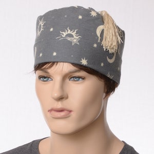 Cotton Flannel Nightcap: Gray Moon & Stars Print - Victorian Style