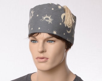 Cotton Nightcap Gray with Moon Stars Sun Print Victorian Night Cap Lounging Smoking Hat Flannel Round  Gift for Him Gentlemen