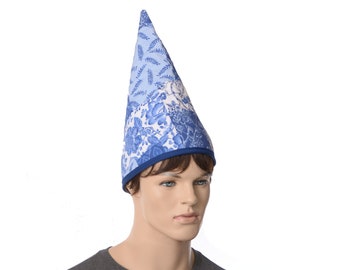Gnome Hat Quilted Cotton Blue Mosaic Floral Patchwork Look Tall Pointed Cap Halloween Costume Wizard Kitchen Witch Adult Men Women