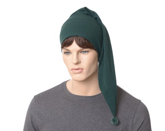 Night Cap Dark Green Pointed Handmade Nightcap with Pompom Cotton Adult Men Women Sleep Hat Chemo Hat