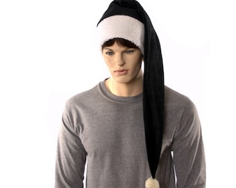 Stocking Cap Black Soft White Sherpa Extra Long Tail Hat Waist Length Adult Men Women Fleece Pointed Pompom