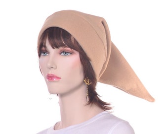 Camel Tan Elf Tail Fleece Hat: Handmade Pointed Stocking Cap