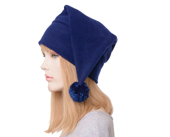 Stocking Cap Navy Blue Pointed Beanie with Pompom Adult Men Woman