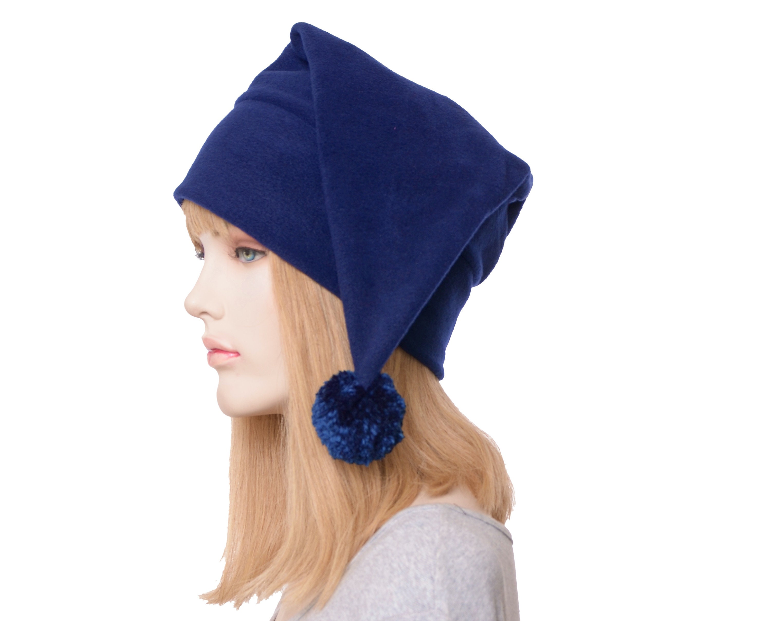 Stocking Cap Navy Blue Pointed Beanie With Pompom Adult Men