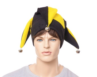 Jester Hat Yellow Black with Silver Bells Fleece Harlequin Cap Fools Hat Three Pointed Beanie 3 Tail Hat Cosplay