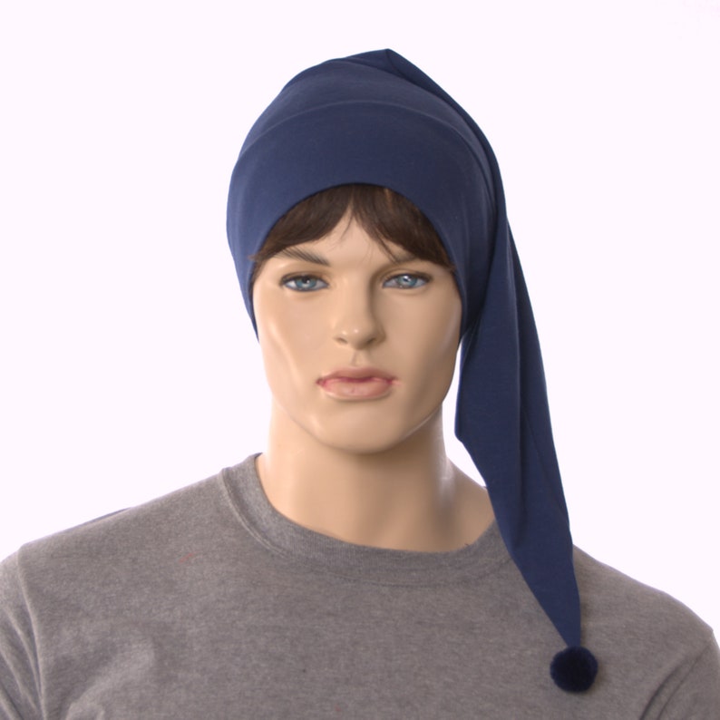 Night Cap Navy Blue Pointed Nightcap with Pompom Cotton Adult Men Women
