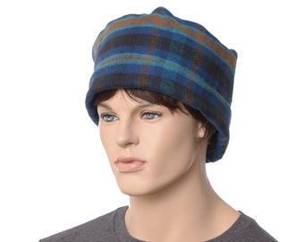 Cotton Nightcap Blue Plaid Victorian Night Cap Lounging Smoking Hat Flannel Round Extra Large XXL Gift for Him Gentlemen