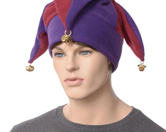 Burgundy Purple Jester Hat: Fleece Harlequin Cap with Bells