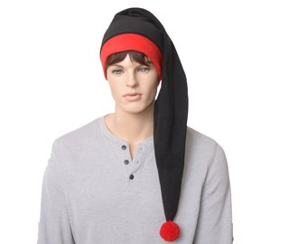 Long Stocking Cap Black Red PomPom Goth Hat Long Tail Hat Fleece Gift for Him Her Adult Men Women