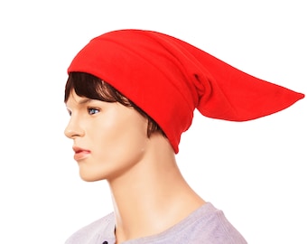 Red Elf Cap Fleece Pointy Hat  Adult Mens Womens Unisex Halloween Costume Cosplay Handmade