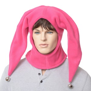 Jester Hood Pink Two Pointed Harlequin Fool Hat Made of Fleece Jingle Bells Adult Men Women Cosplay Costume