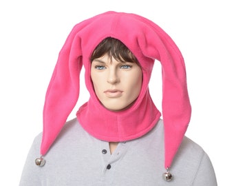Jester Hood Pink Two Pointed Harlequin Fool Hat Made of Fleece Jingle Bells Adult Men Women Cosplay Costume