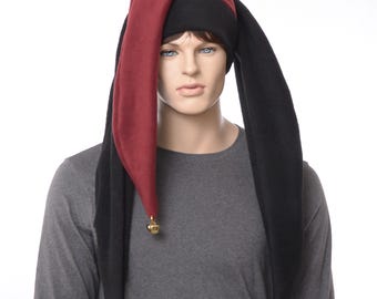 Jester Hat Long Black and Burgundy Gold Bells Three Pointed Fleece Harlequin Cosplay Below Shoulder Goth Ren Fair