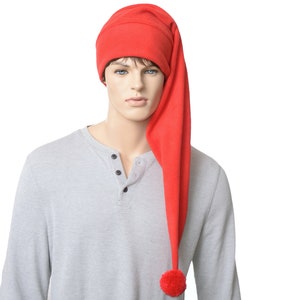 Long Stocking Cap in Red Waist Length with Pompom Traditional Elf Hat Made of Fleece Adult Men Women