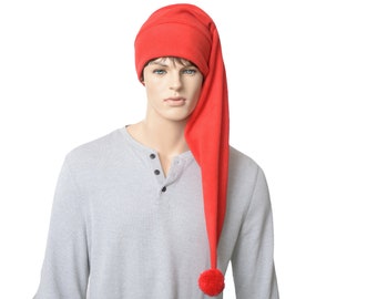 Long Stocking Cap Waist Length Red Pompom Traditional Elf Hat Tail Hat Fleece Adult Men Women Tail Hat