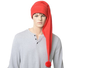 Long Stocking Cap Waist Length Red Pompom Traditional Santa Hat Tail Hat Fleece Adult Men Women