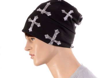 Nightcap Artisan Cap Black with Crosses Soft Goth Made of Cotton Jersey Adult Men Women Under Helmet Liner