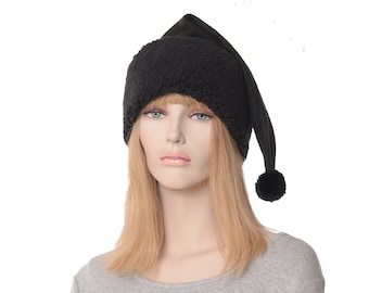 Stocking Cap Black on Black Long Tail  Soft Sherpa Headband Santa Hat Gothic Elf Adult Men Women