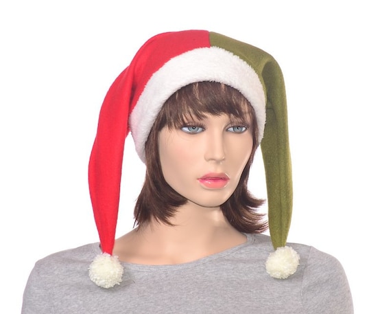 New Jester Style Santa Christmas Hat adult size Red felt /& White Fur /& Pom poms