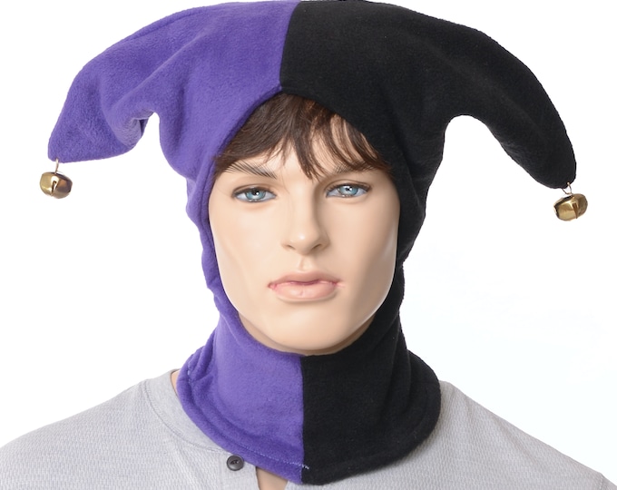 Featured listing image: Jester Hood Black Purple Hood Hat Made of Fleece with Bells Harlequin Cap Cosplay Handmade Balaclava