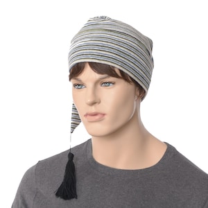 Striped Velour Nightcap – Soft Plush Sleep Hat with Black Tassel, Unisex Poor Poet Pajama Cap, Handmade in USA Elf Hat