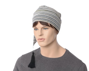 Sleeping Hat Plush Velour Stripes in White Black Blue and Green with a Black Tassel Nightcap Adult Men Women Night Cap Chemo Hats Elf Caps