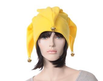Jester Hat Bright Yellow Three Pointed made of Fleece Trimmed with Gold Bells Adult Men Women Clown Fantasy Renaissance Faire