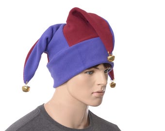 Jester Hat Burgundy Purple Three Point Harlequin Cap Bells Fleece