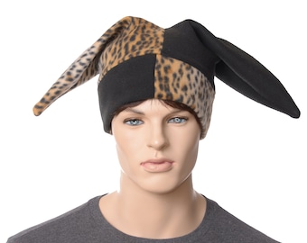 Jester Hat Leopard Black Pointing Tips Pointed Fleece Harlequin Cap Unisex Cosplay Adult Men Women