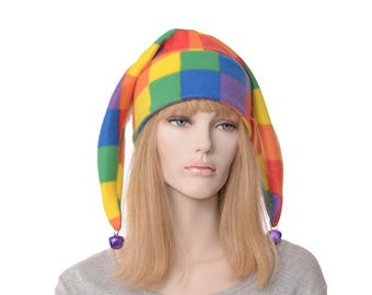 Jester Hat Color Block Red Yellow Blue Green Purple Two Pointed Joker Harlequin Costume Bells Cosplay Handmade Adult Men Women Ren Fair