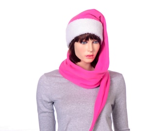 Wrap Around Long Stocking Cap Pink Sherpa Headband Adult Men Women Scarf Hat 5 Foot Long Tail Warm Winter Fleece Christmas Gift for Her
