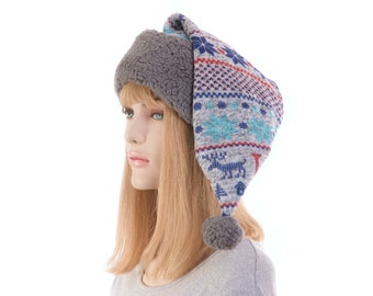 Gray Santa Hat Stocking Cap Fair Isle Sweater Fleece with Pompom Gray Adult Men Women Christmas Gift for Him Her Sherpa