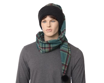 Long Stocking Cap Plaid Green Black Wrap Around Scarf Hat Black Sherpa Headband Pompom Adult Men Women