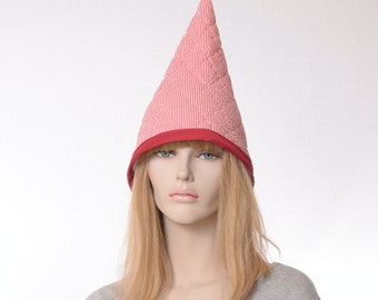 Gnome Hat Oversized Quilted Cotton Red White Pin Stripe Tall Pointed Cap Costume Adult Men Women Peppermint Stripes