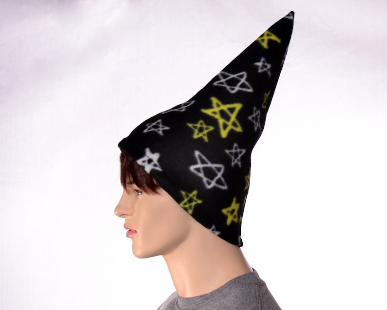 Black Wizard Hat with 5 Pointed Stars in White and Yellow Tall Pointed Cap Fleece Mens Costume Hat Magicians HatLong
