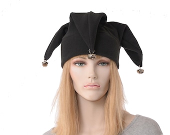 Black Fleece Jester Hat: Three-Pointed Gothic Joker Costume with Silver Bells Adult Men Women  Ren Faire Cosplay