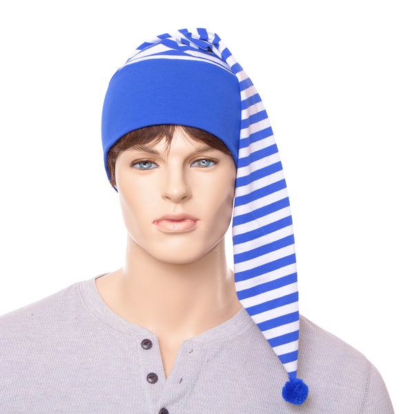 Night Cap Royal Blue White Striped Cotton Nightcap with Pompom Adult Men Women Pirate Chemo Hat to Sleep In